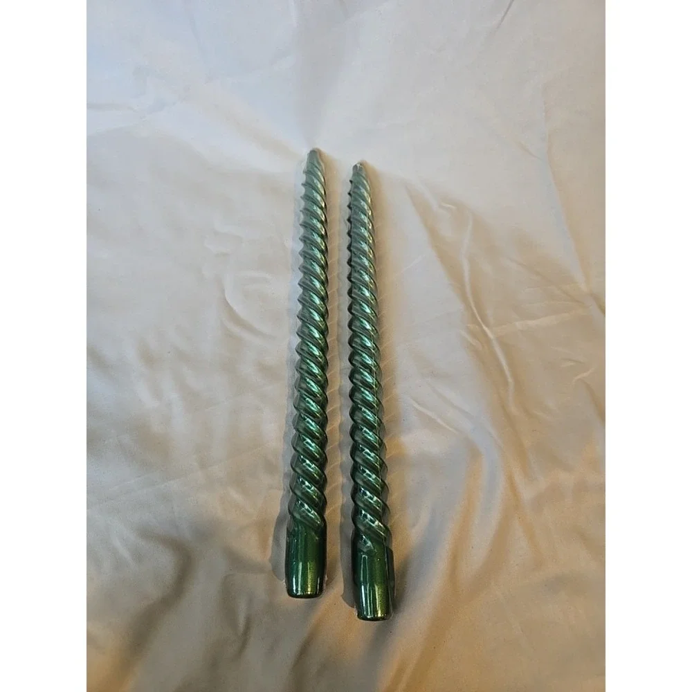 Vintage Pair Metallic Emerald Green Spiral Twist Taper Candles 11